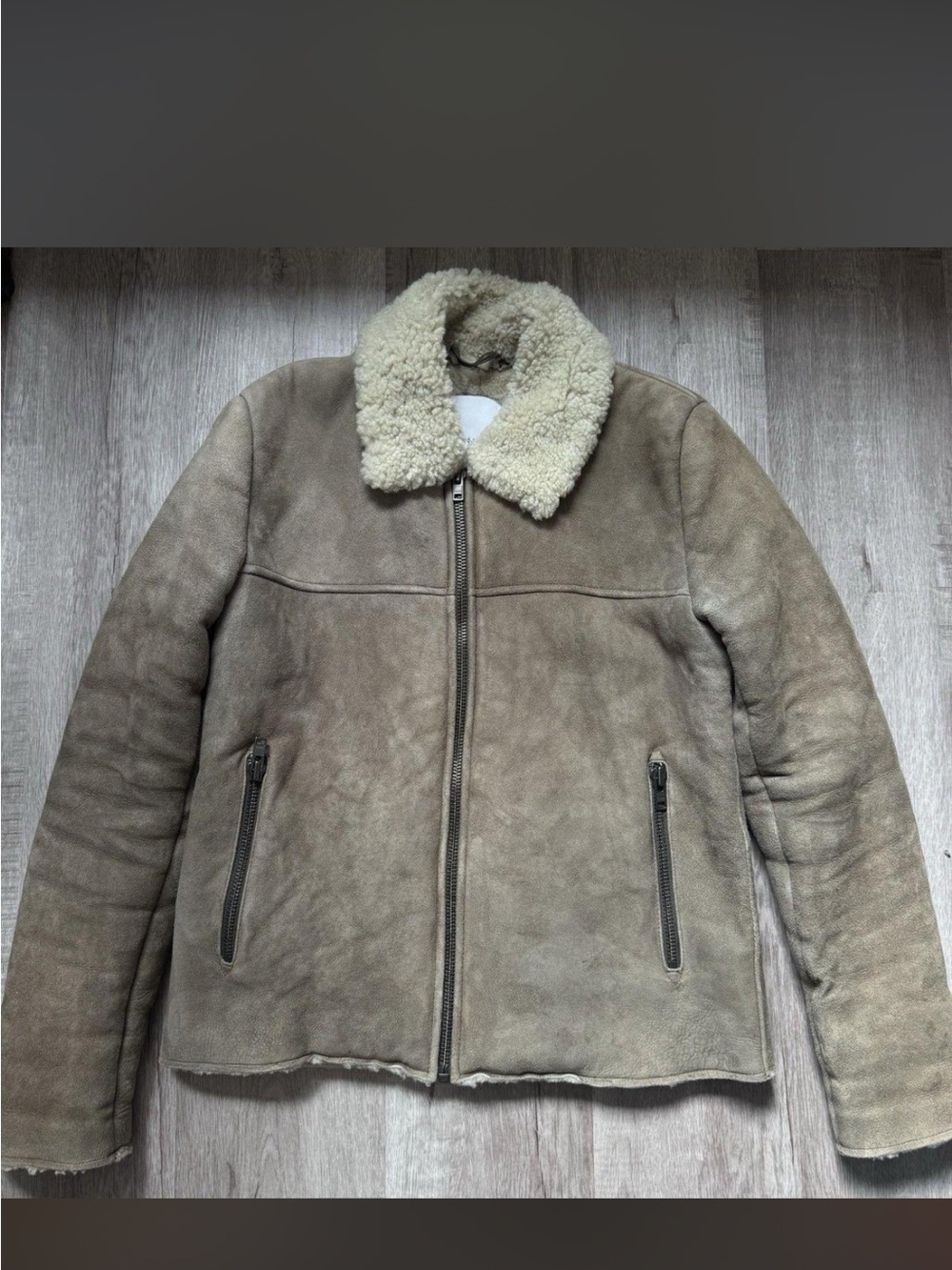 Men's Taupe Suede Bomber Jacket with Cream Shearling Collar